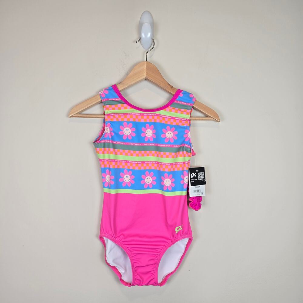 GK Elite Adult Sz S AS Smileyworld Tank Leotard & Scrunchie Gymnastics